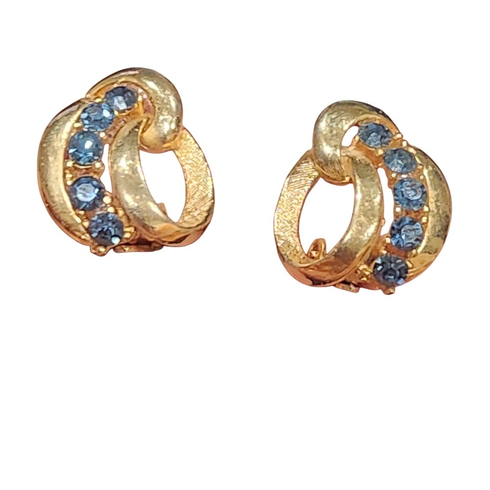 Vintage‎ Gold Tone Blue Rhinestone Clip On Earrings Interlocking Knot Design